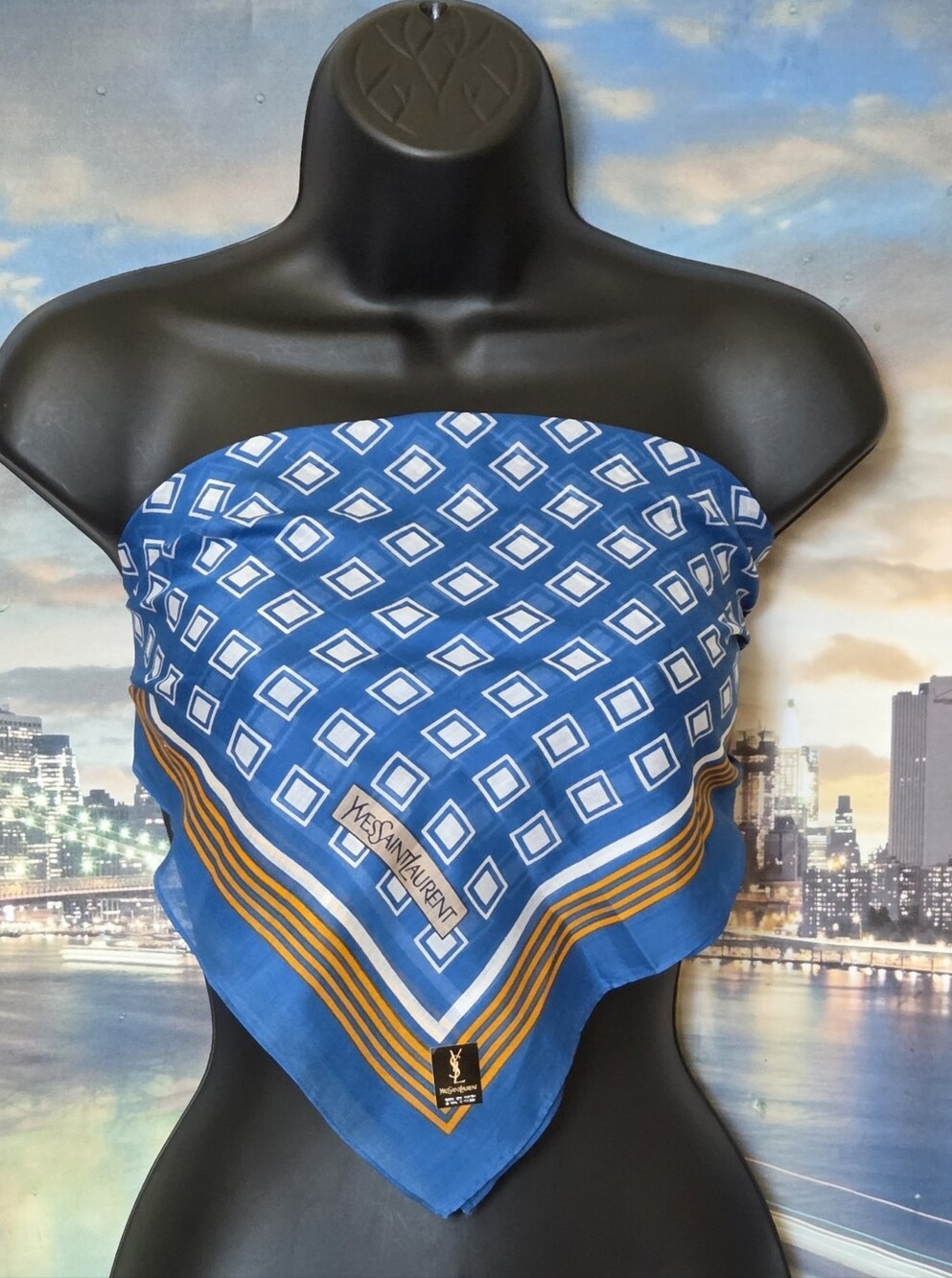 Yves Saint Laurent Blue and White Geometric Scarf with Gold Accents - Picture 7 of 12